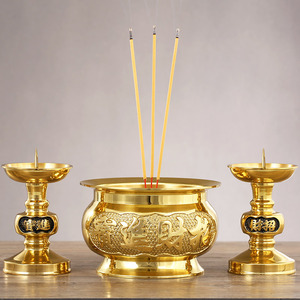 香炉纯铜家用室内招财香炉蜡烛台一体供奉祖先财神爷佛具用品套装
