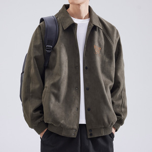 美式复古麂皮绒翻领教练外套男春秋新款宽松潮牌大码棒球服夹克