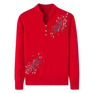中老年妈妈款羊绒衫女中式立领刺绣凤凰图案红色喜庆针织毛衣k82