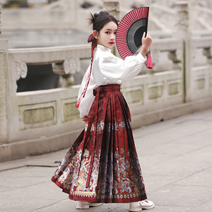 国风马面裙女童女侠花木兰服装套装新中式儿童汉服红色织金夏季