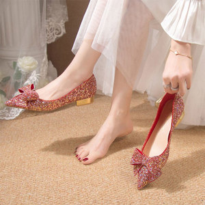 订婚鞋子女孕妇平底新娘鞋红色水晶公主婚纱两穿不累脚高级感