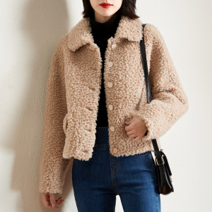 cathyladi20冬季短款颗粒羊羔毛外套女小个子保暖棉服米色面包服