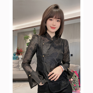 新中式国风黑色蕾丝衬衫女2024年早春季新款高级感别致洋气打底衫