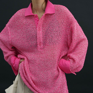 粉嘟嘟新型麻纱圈圈毛宽松大长袖polo衫显白桃粉色针织上衣