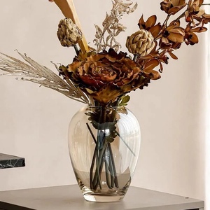质感通透北欧式简约大肚圆口茶色琥珀色小号玻璃花瓶客厅水培花器