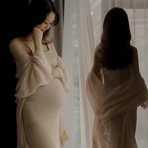 孕妇拍照摄影服装唯美卡其色开衫裙影楼主题写真服装大肚妈孕妇裙