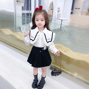 女童套装春秋新款2024韩版洋气学院风长袖衬衫百褶裙jk制服两件套