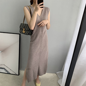 马甲裙系带连衣裙无袖女v领加长背心裙过膝超长裙坎肩针织羊毛裙