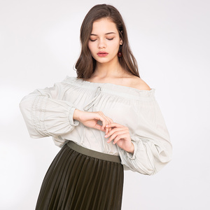 amo&joy 一字肩灯笼袖女衫蝴蝶结设计师春夏新品纯色百搭时尚上装