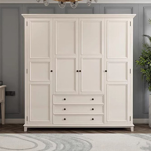 美式全实木衣柜现代简约白色整体大衣橱家用卧室收纳储物组装柜