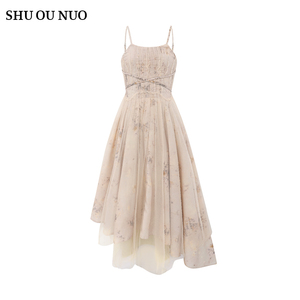 新中式连衣裙小众设计层叠纱裙夏碎花不规则大摆仙女裙甜美吊带裙