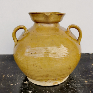 老陶瓷古玩摆件陶器罐古董花瓶收藏真品民国盘口黄釉三耳油壶陶罐