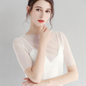 透明白色网纱打底衫女半袖性感紧身内搭短袖纱衣洋气五分袖上衣潮