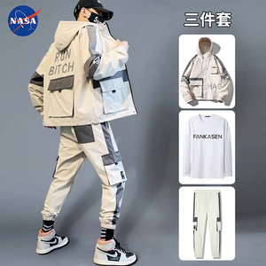 NASA联名大码工装夹克套装男2023春秋季日系卫衣宽松运动一套搭配