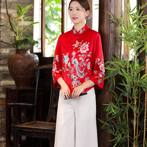 女式唐装上衣短款民国风复古改良刺绣倒大袖盘扣仿古董上衣茶服女