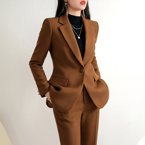 棕色毛呢西装外套女秋冬加厚职业装时尚设计感小众高级感西服套装