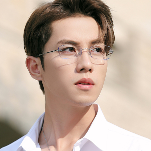 配成品近视眼镜男 纯钛无框钻石切边眼镜架 变色眼睛框平光防辐射