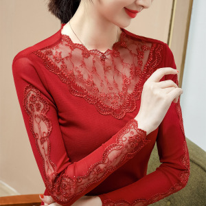 2021年秋季蕾丝打底衫女长袖大码洋气网纱上衣本命年红色带钻沙衣