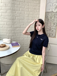 GAZ线上商店新款蝴蝶刺绣学院风polo针织短袖黄色高腰半身裙套装