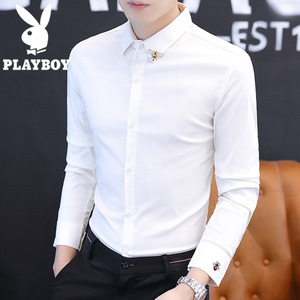 花花公子春秋季长袖翻领衬衫男士白色高端带领衬衣潮流修身寸衫男