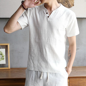 潮牌亚麻套装男士夏季短袖T恤运动休闲纯色棉麻中国风汉服两件套