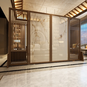 现代中式隔断屏风客厅酒店大堂简约实木办公半透花鸟装饰墙大座屏