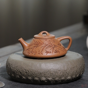国助工聂韬纯手工陶刻竹叶子冶石瓢直播热卖宜兴紫砂壶
