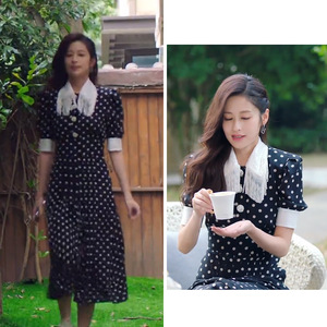 陪你一起长大颖儿林芸芸同款衣服波点连衣裙女气质显瘦收腰夏长裙