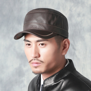 真皮帽子男秋冬季新款平顶帽休闲护外帽中老年人薄纯单皮鸭舌老头