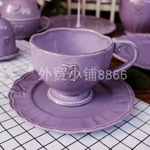 出口陶瓷欧式复古纯色做旧浮雕杯子大汤杯麦片杯水杯紫色餐具套装