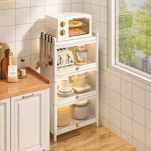厨房收纳置物架微波炉烤箱储物柜落地式碗柜家用多层放锅柜子翻盖