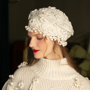 花蔻爱尔兰钩花流苏贝雷帽  秋冬法式英伦复古羊绒针织蓓蕾帽子女