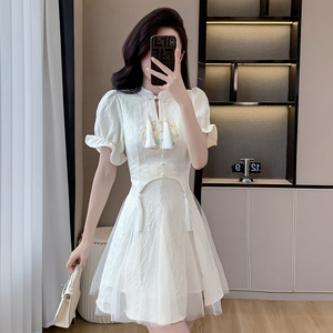 白色旗袍公主短裙子夏季新款中国风女装改良盘扣网纱小个子连衣裙