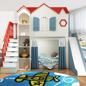 儿童床男孩上下床木床双层全实木高低床带滑梯多功能组合上下铺床迅