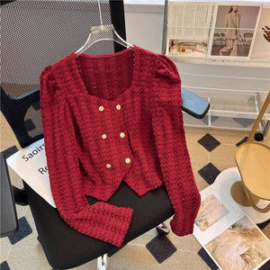 法式红色方领双排扣短款小香风上衣女秋冬季小个子镂空蕾绒打底衫