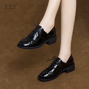 2021新款软皮漆皮女鞋春秋季系带粗跟深口单鞋中跟真皮小皮鞋秋款