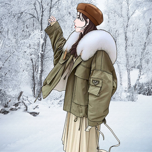 欧洲站女海军领派克服2020冬季新款工装兔毛内胆狐狸毛领皮草外套