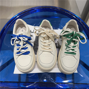 ig女鞋双鞋带潮流板鞋2022年春真皮圆头系带小白鞋休闲韩版学生鞋