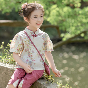 女童夏装国风短袖套装2024新款儿童汉服夏季唐装小女孩新中式衣服