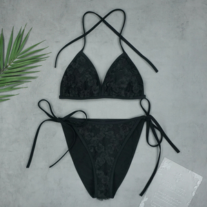 立体蕾丝花朵三点式高开叉系带三角性感比基尼女泳衣沙滩走秀2022
