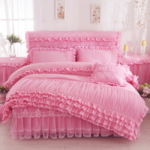 韩版纯色磨毛公主蕾丝床裙式四件套床罩式四件套花边床套多件套