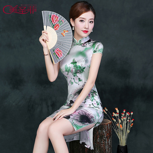 真丝旗袍2018夏季新款改良时尚桑蚕丝开叉旗袍裙短款修身连衣裙女