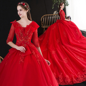 v领显瘦大拖尾大码红色轻主婚纱礼服新娘结婚新款2021齐地法式女