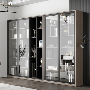 北欧书柜推拉式简约落地带玻璃门组合格子柜现代家用储物收藏书橱