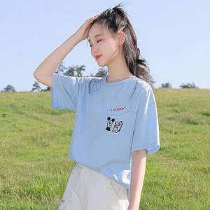少女短袖t恤女纯棉蓝色女孩夏装初中学生小清新夏季薄款体恤上衣