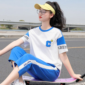 学生短袖t恤女夏季时尚休闲套装少女夏装新款初中生女孩半袖上衣