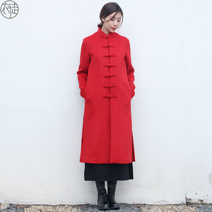 毛呢外套女中长款秋冬中国风女装中式新春唐装红色红过年年会大衣