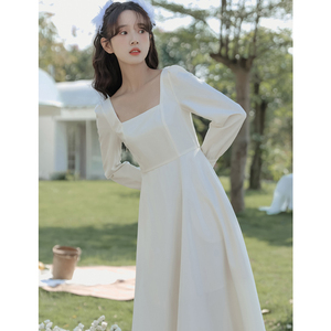 白色礼服登记领证小白裙平时可穿订婚长袖连衣裙2023新款秋季女装