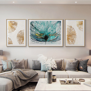 现代北欧客厅装饰画水彩花卉沙发背景墙挂画轻奢大气三联画抽象画