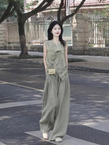 新中式女装国风休闲时尚清冷禅意风绿色无袖上衣裤子两件套装夏季